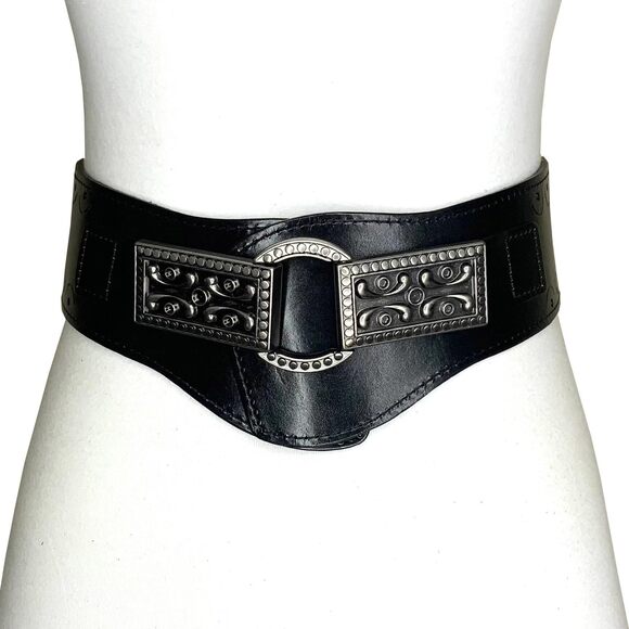5866 Vintage Full Grain Leather Elastic Western Boho Corset Belt (black main image 4